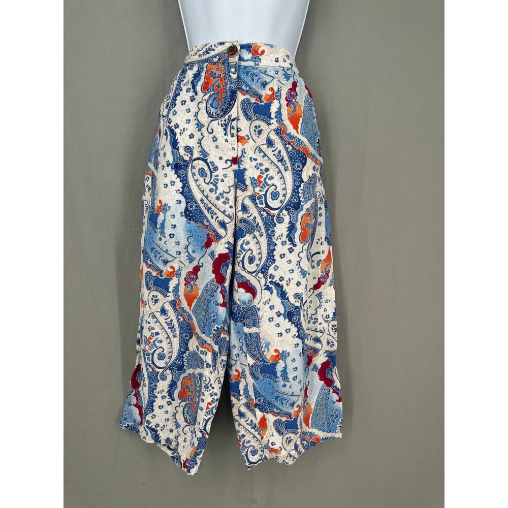90s Vintage Linen Pants Womens Medium Blue Paisley Cropped High Rise Bohemian